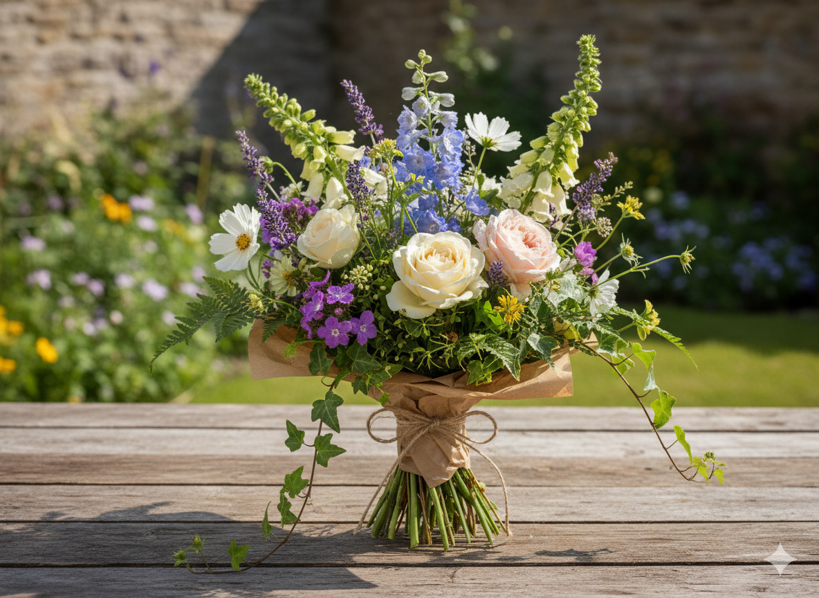 Garden posy with mixed seasonal flowers