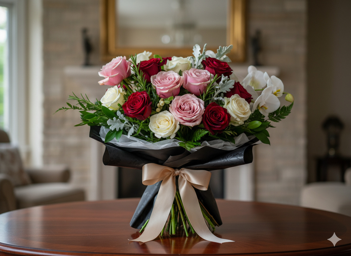 Luxury bouquet with roses and foliage